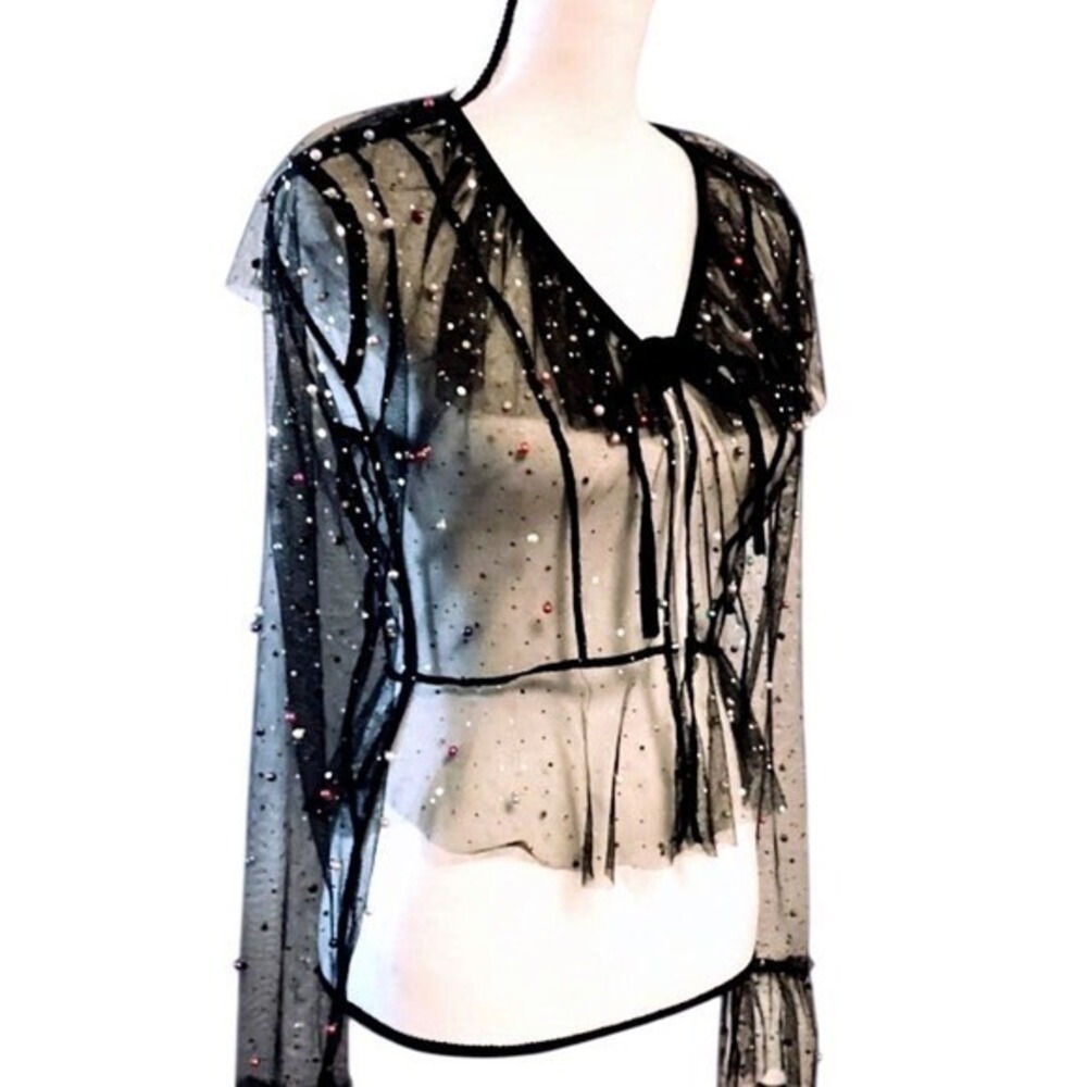 Honey Punch Black Sheer Mesh Pearl Embellished Peplum Tie Front Top Small - Picture 4 of 8